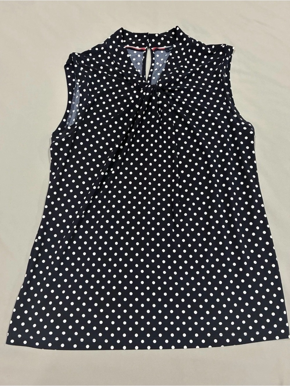 Tommy Hilfiger Navy Blue White Polka Dot Top Front Knot Sleeveless Blouse Medium